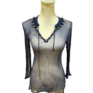 Letarte handmade Sheer crinkle Navy tunic Top antique Gold beads size small